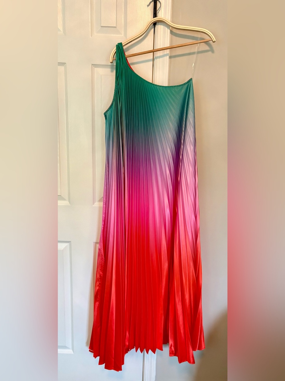 One-Shoulder Ombre Pleated Maxi Dress in Green-Pink-Red